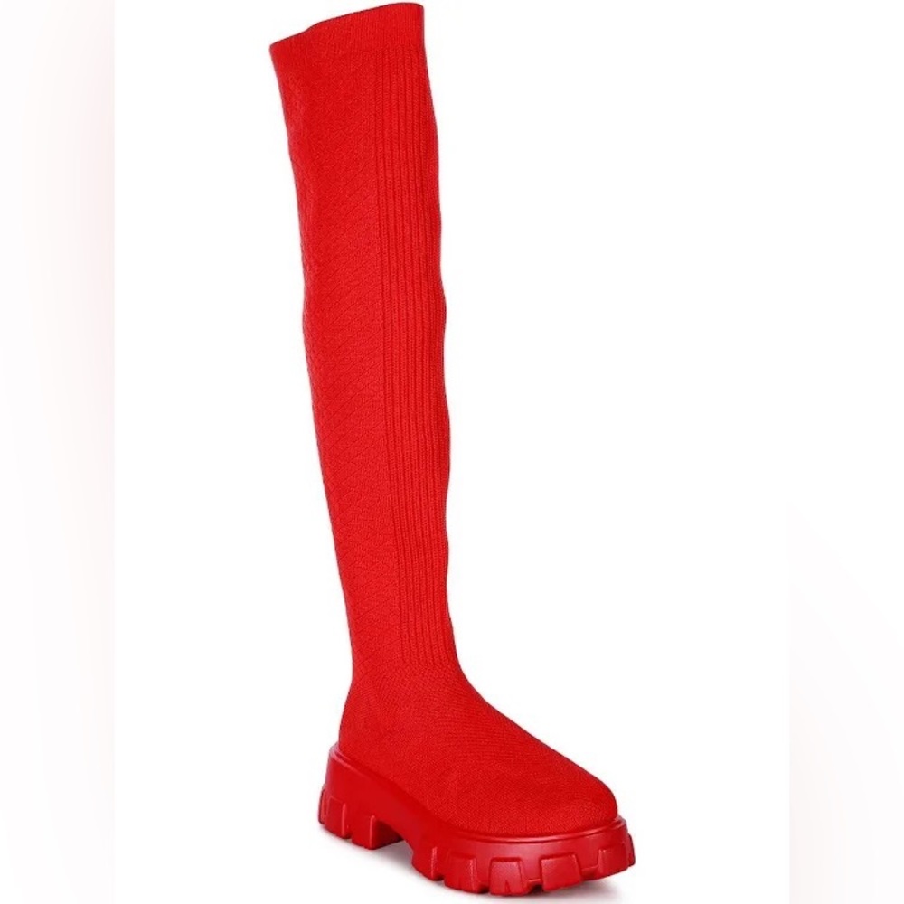 Red knit over the knee boots